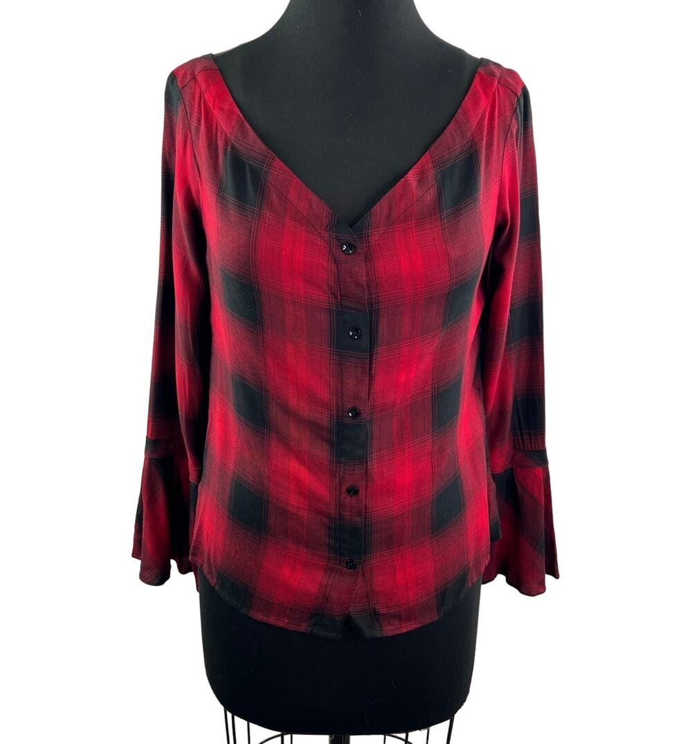 HIGHLINE COLLECTIVE Red Black Plaid V-Neckline Bell Sleeve Button Up Sz S NEW